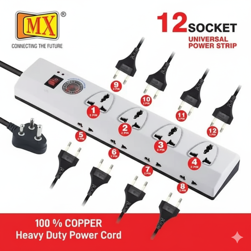 MX UNIVERSAL 12 Way MX-3510 Surge Protection Board 12 Socket Extension Boards  (White, 1.5 m)
