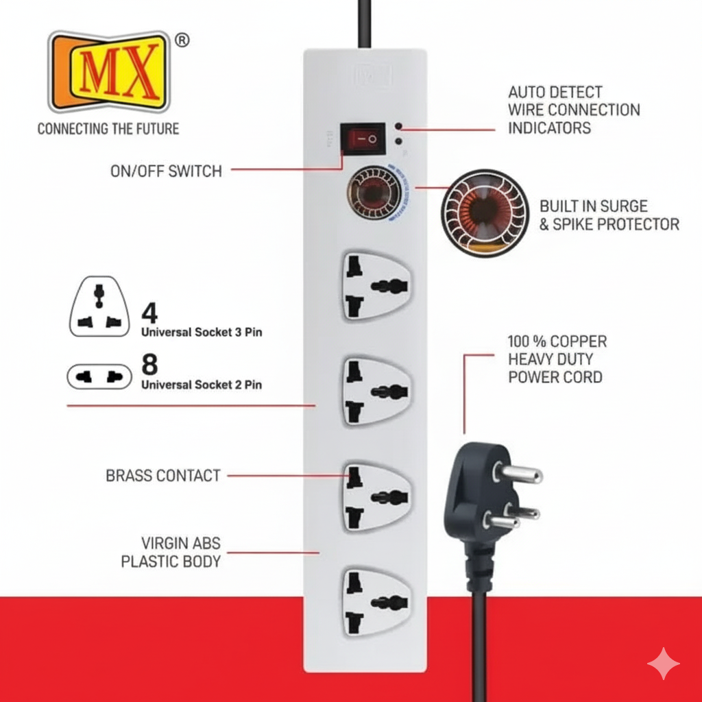 MX UNIVERSAL 12 Way MX-3510 Surge Protection Board 12 Socket Extension Boards  (White, 1.5 m) - Image 3